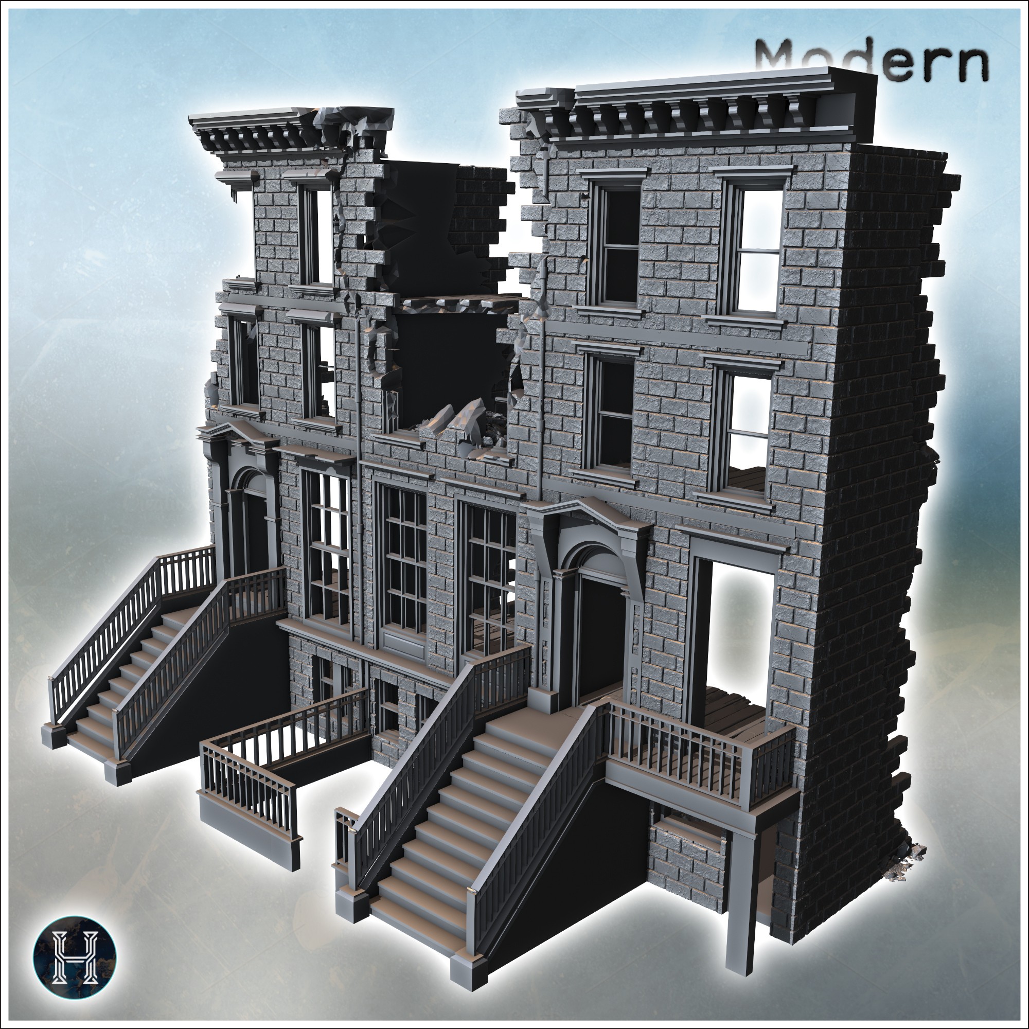 Dual staircase building with broken central walls and detailed brickwork on the facade and steps (5) - Modern WW2 WW1 World War Diaroma Wargaming RPG Mini Hobby
